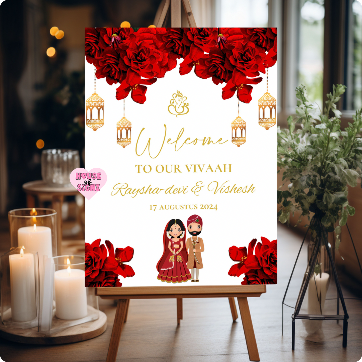 Wedding red flowers lanterns welcome sign