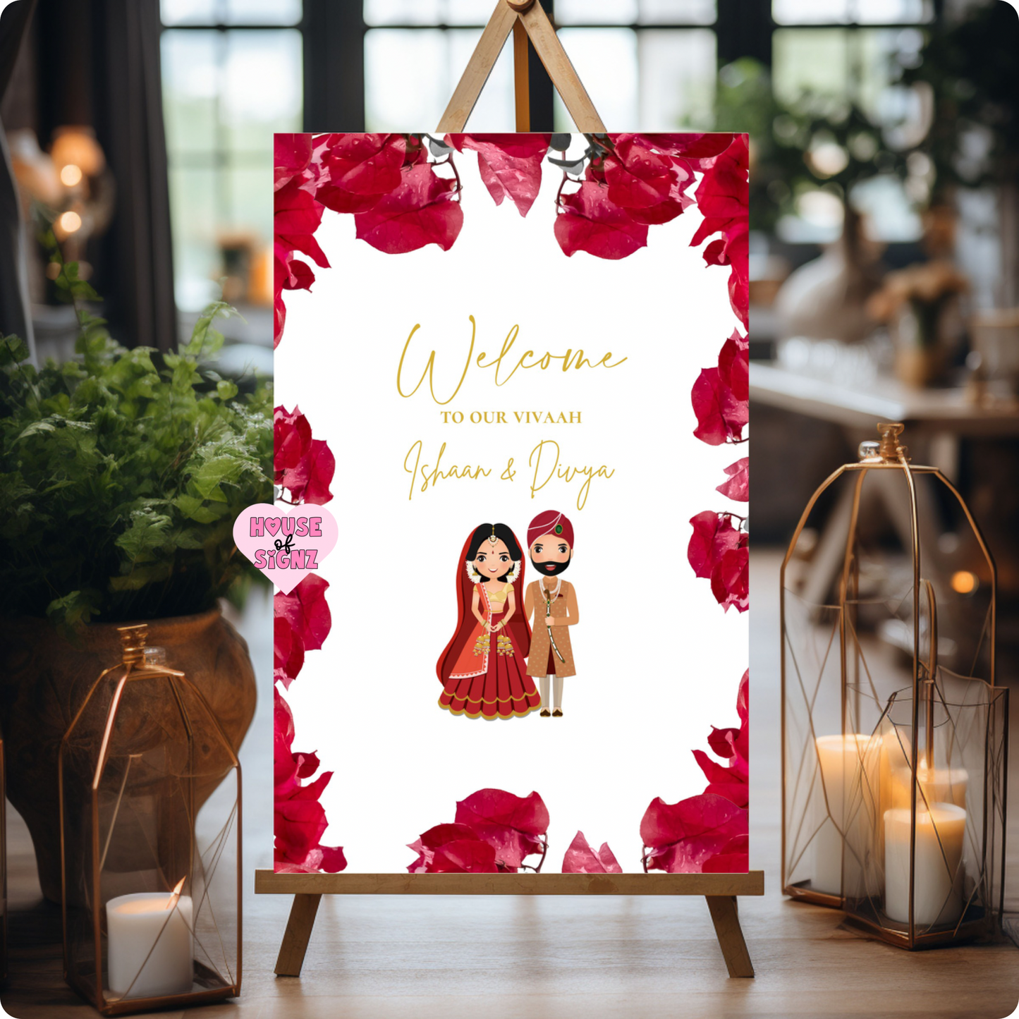 Wedding rose petals welcome sign