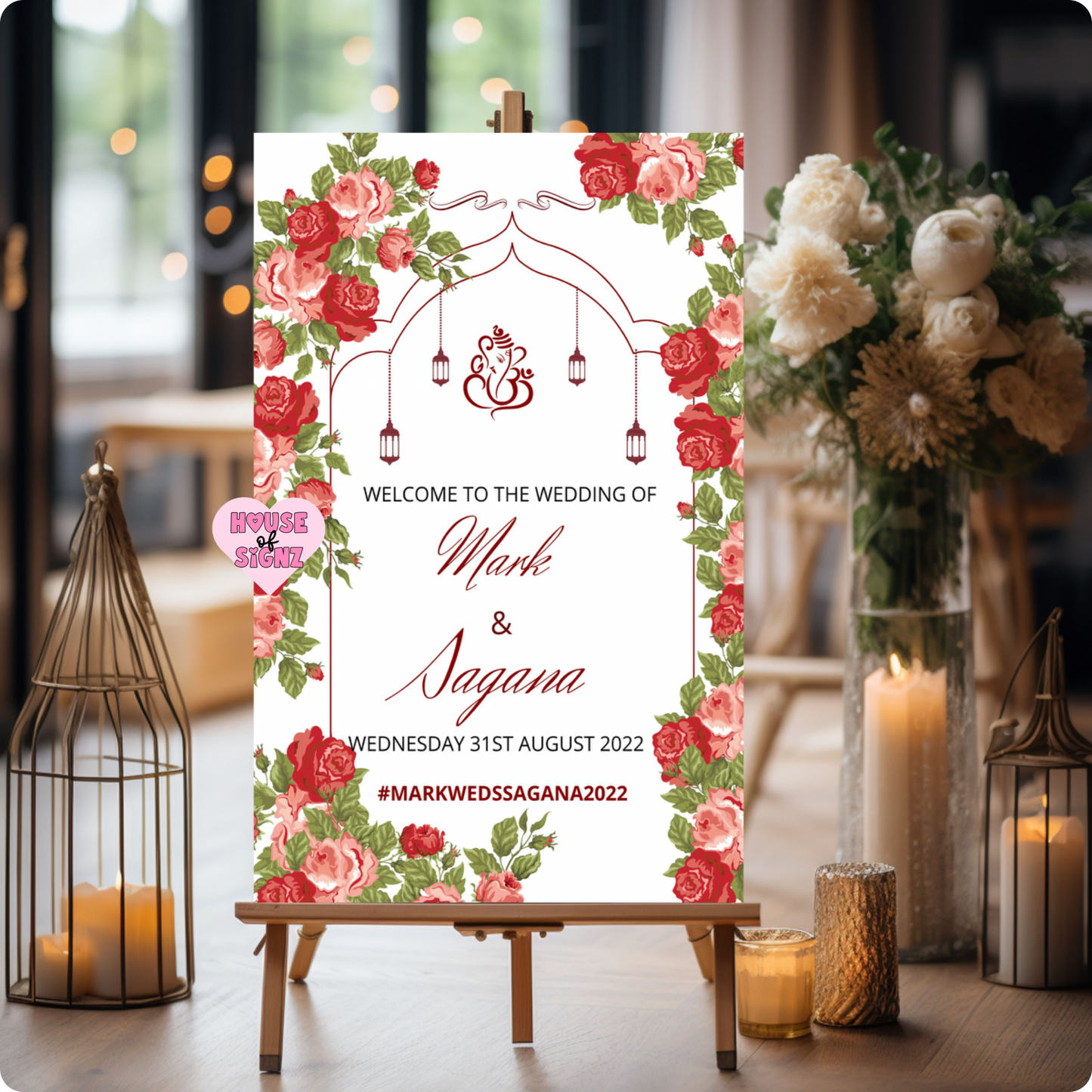 Wedding red roses welcome sign