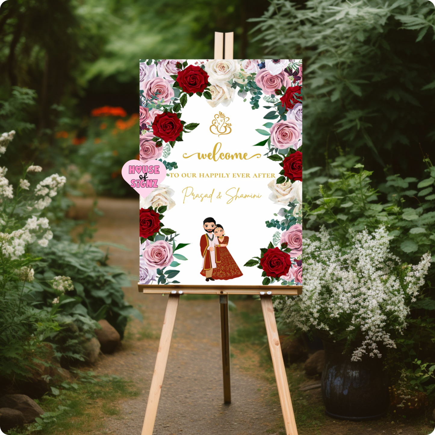 Wedding red white purple flowers welcome sign
