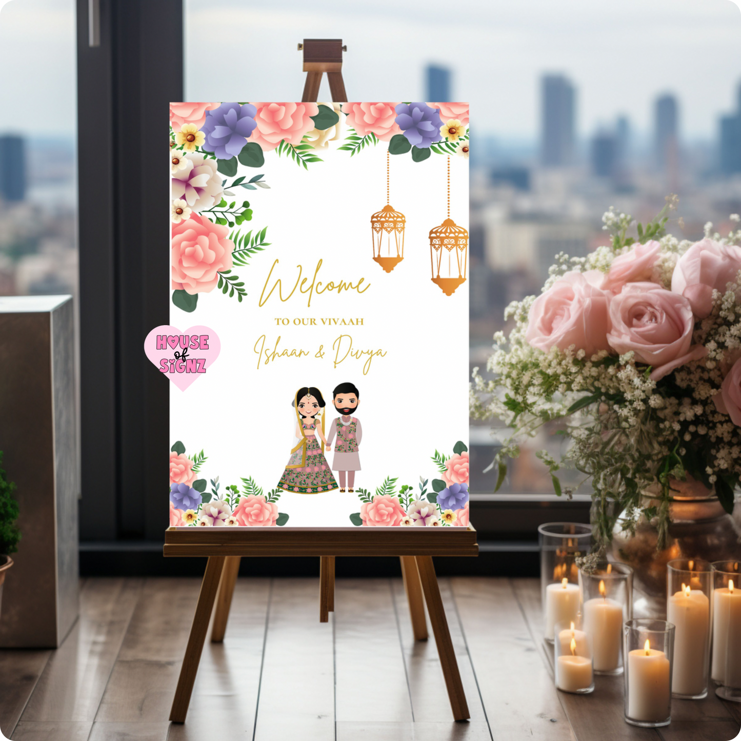 Wedding salmon purple welcome sign