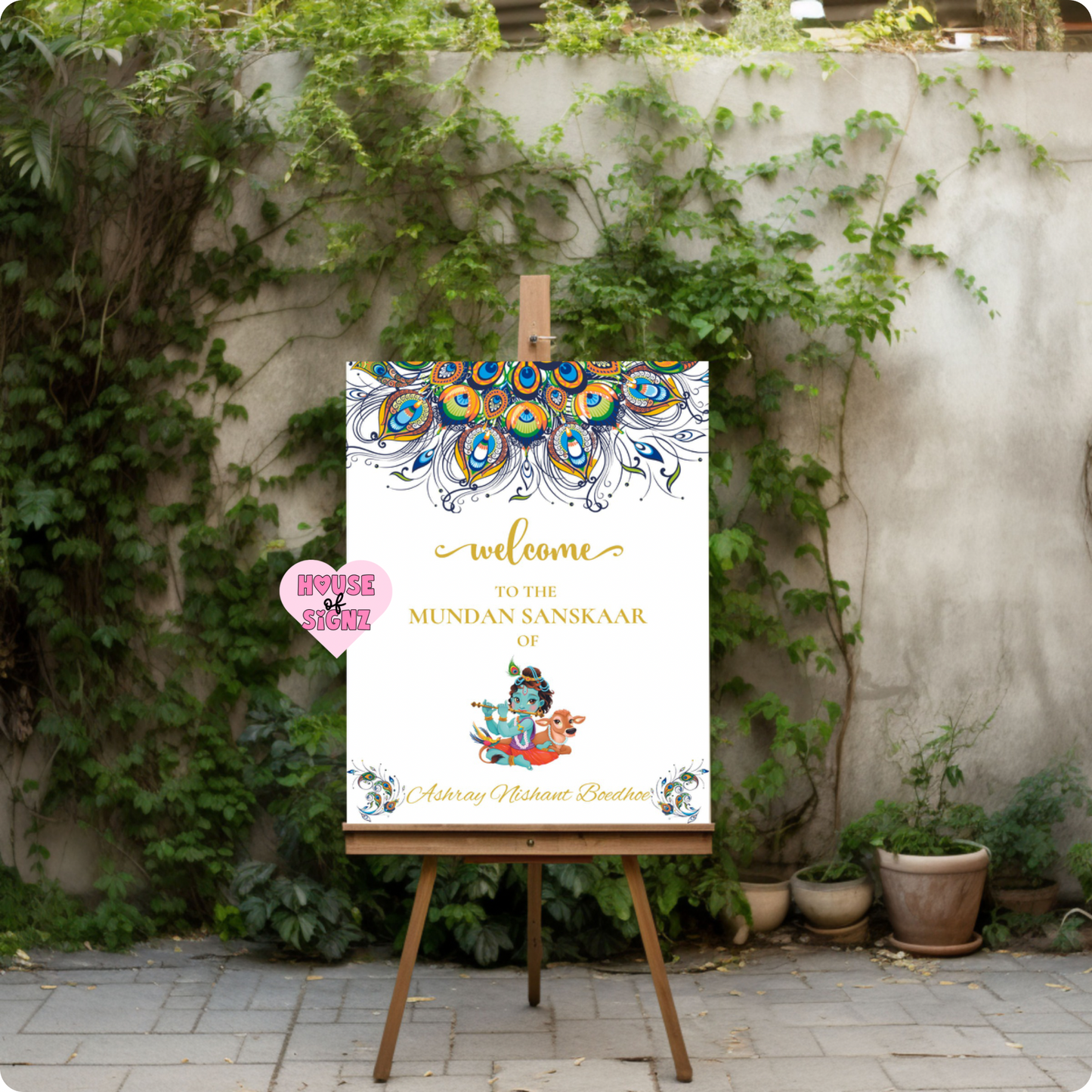 Mundan sanskaar pauwenveren blauw welkomstbord