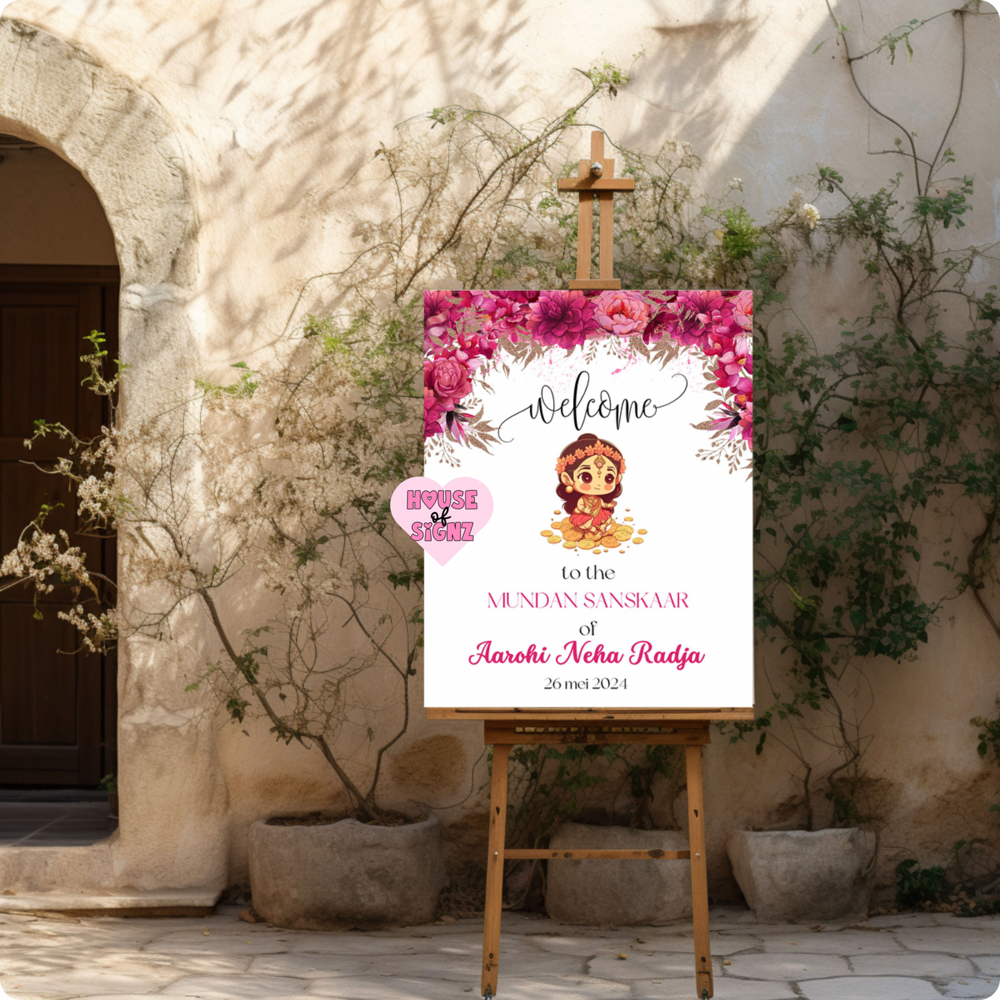 Mundan sanskaar pinkish welcome sign