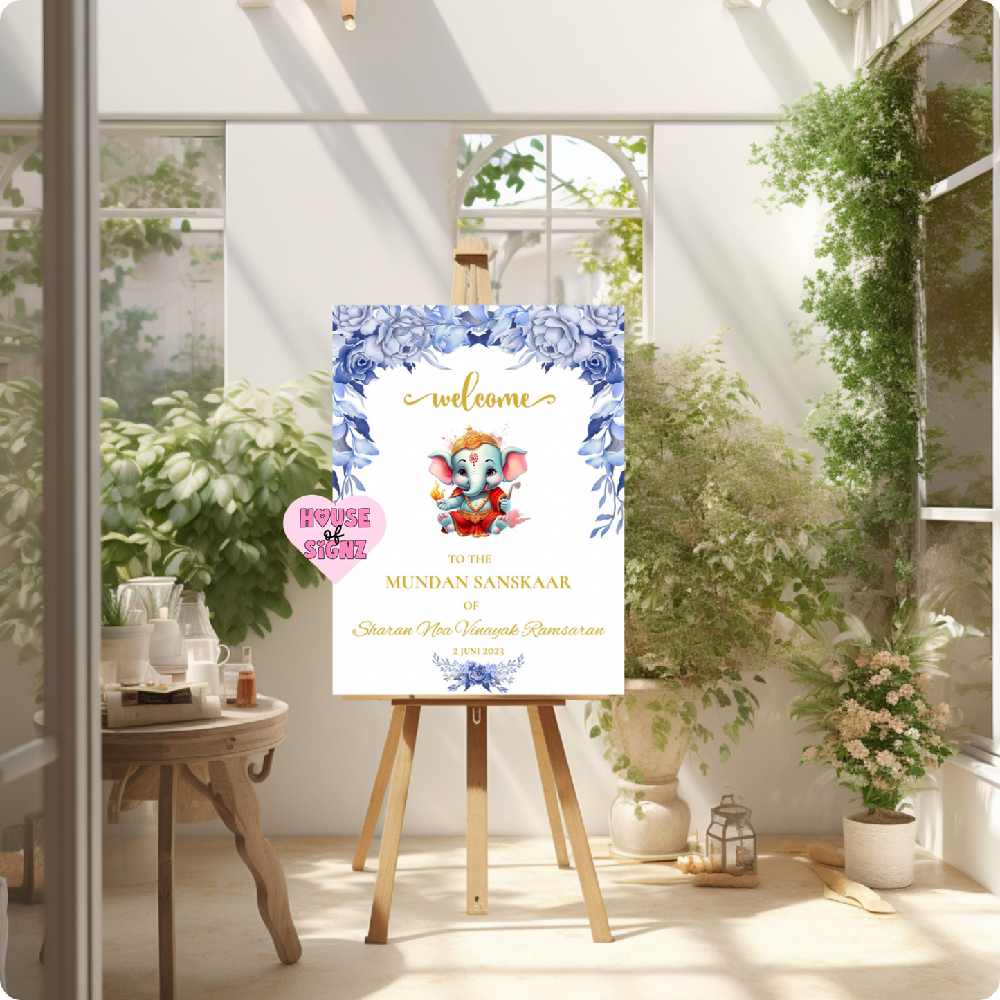 Mundan sanskaar blauw ganesha welkomstbord