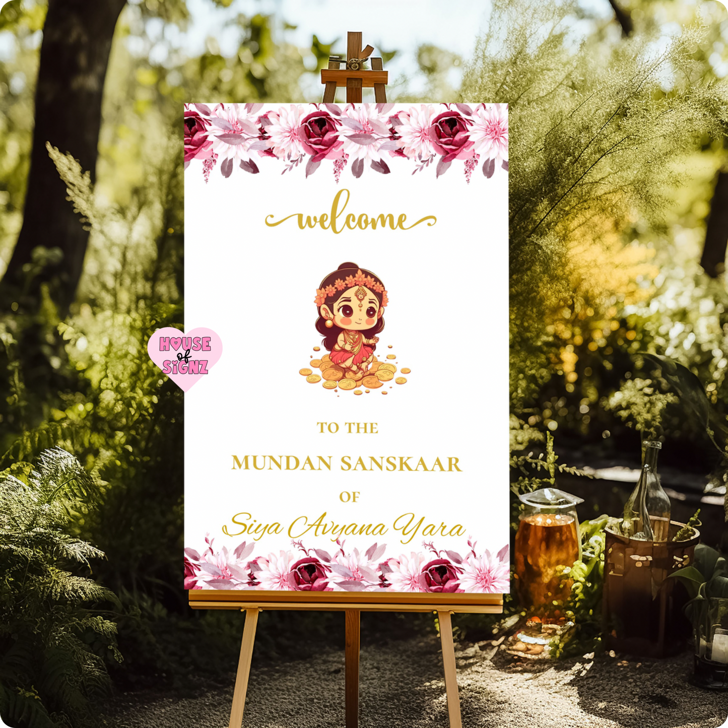 Mundan sanskaar purple pink welcome sign