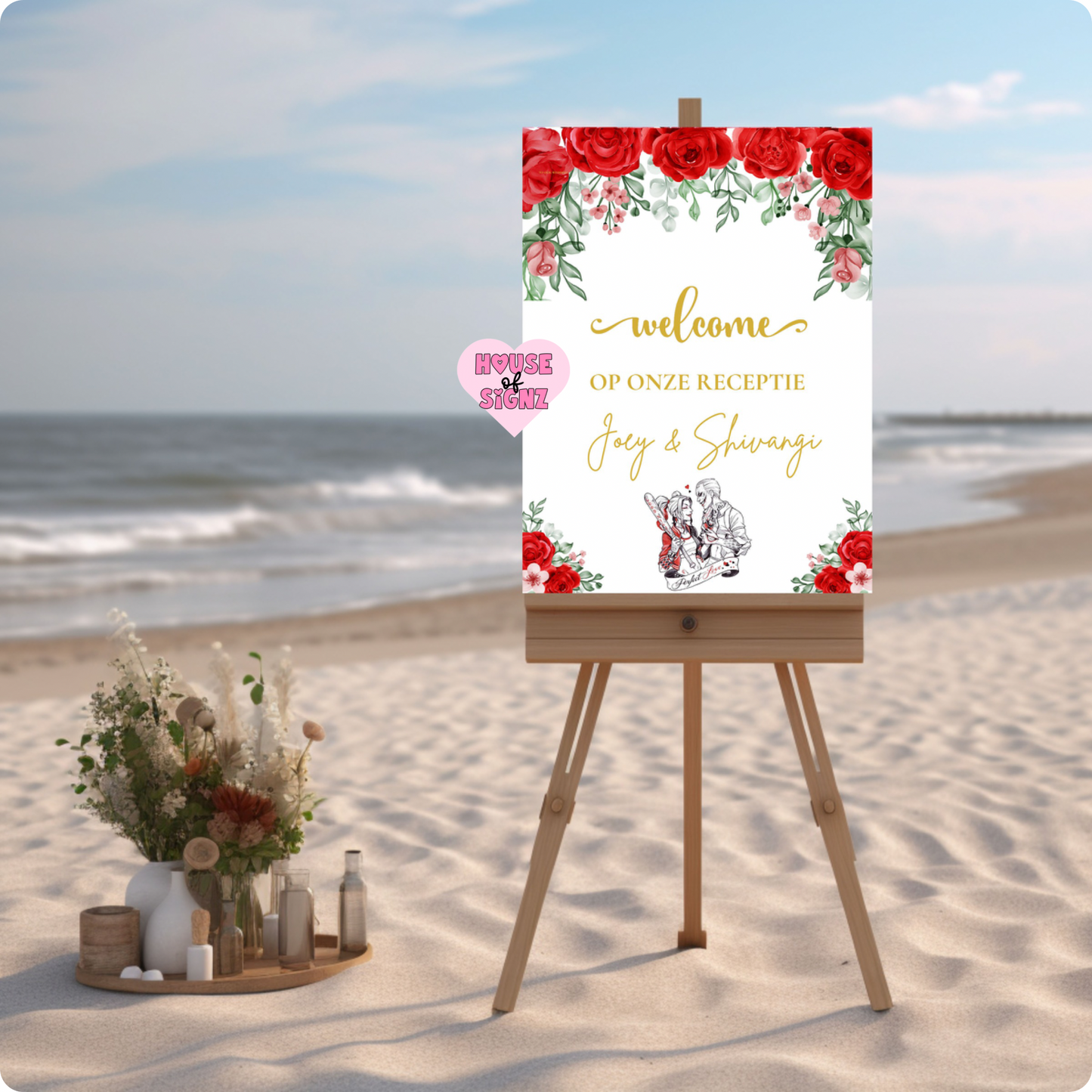 Receptie rode bloemen welkomstbord