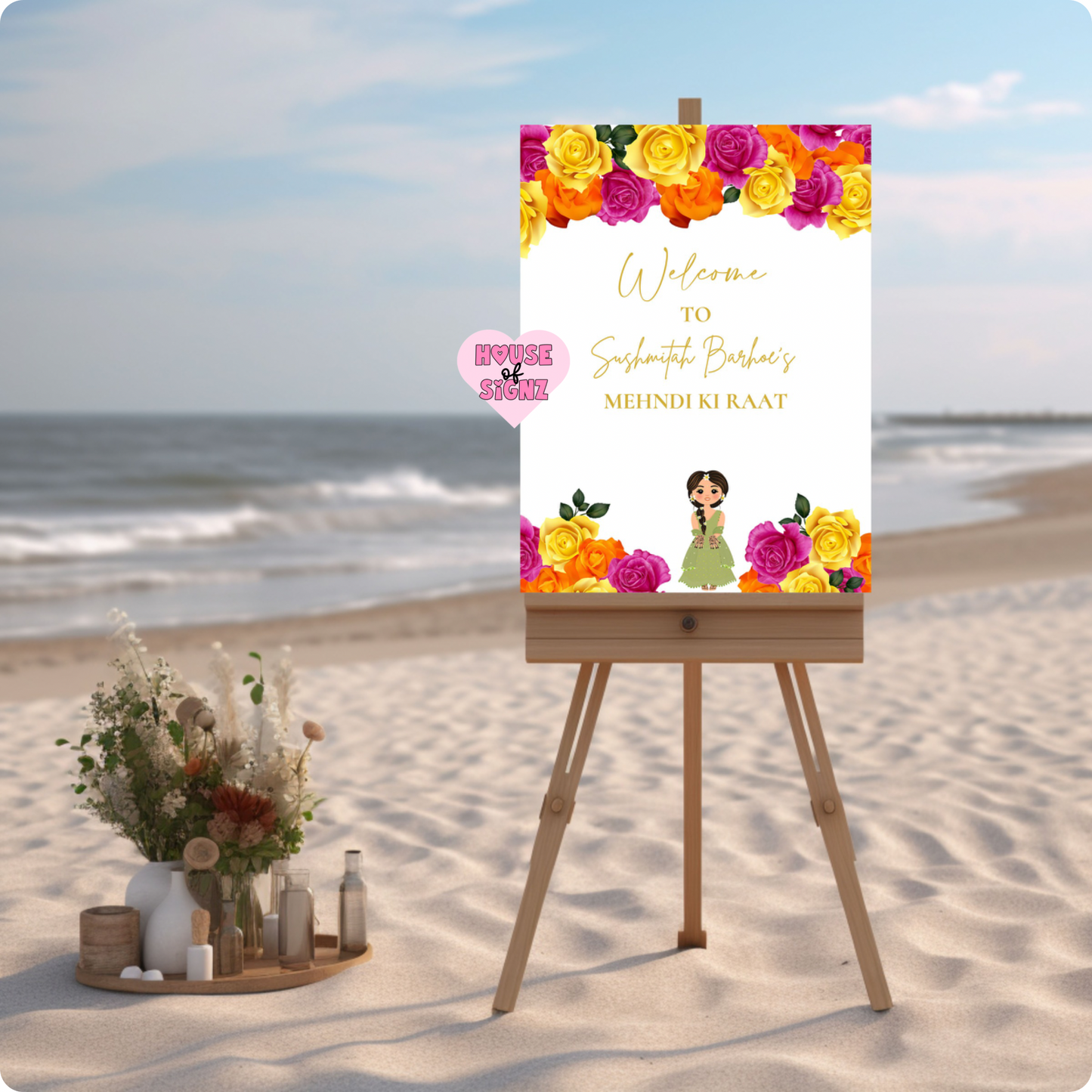 Mehndi hot pink yellow orange flowers welcome sign