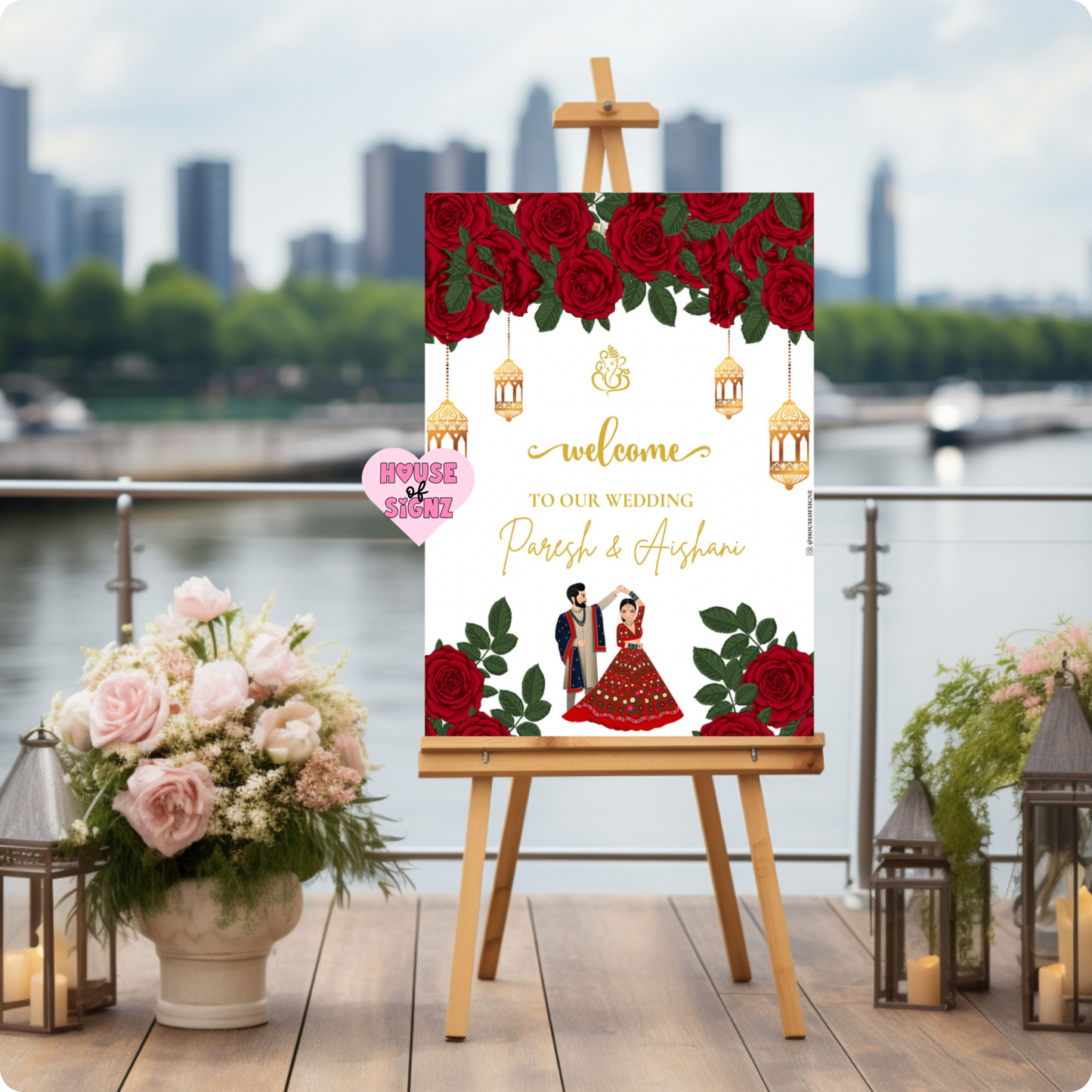 Wedding red roses welcome sign