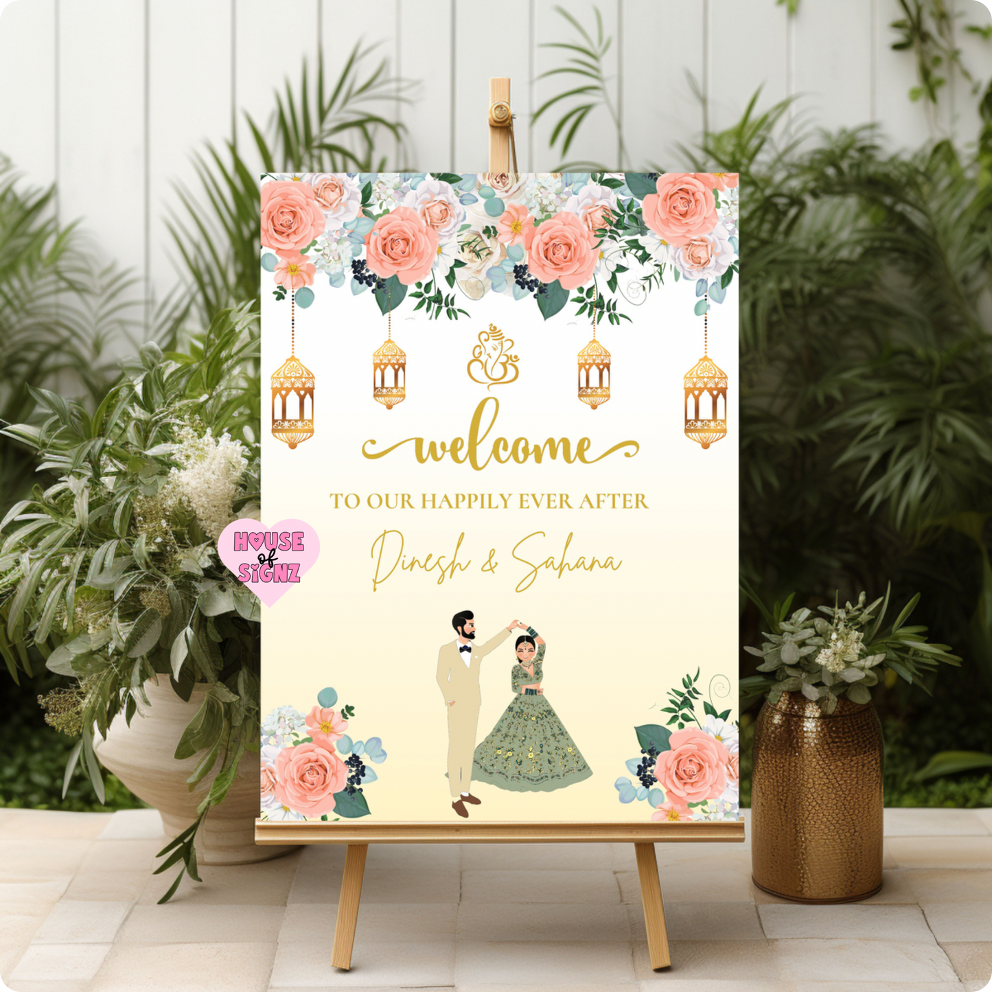Wedding orange white roses welcome sign