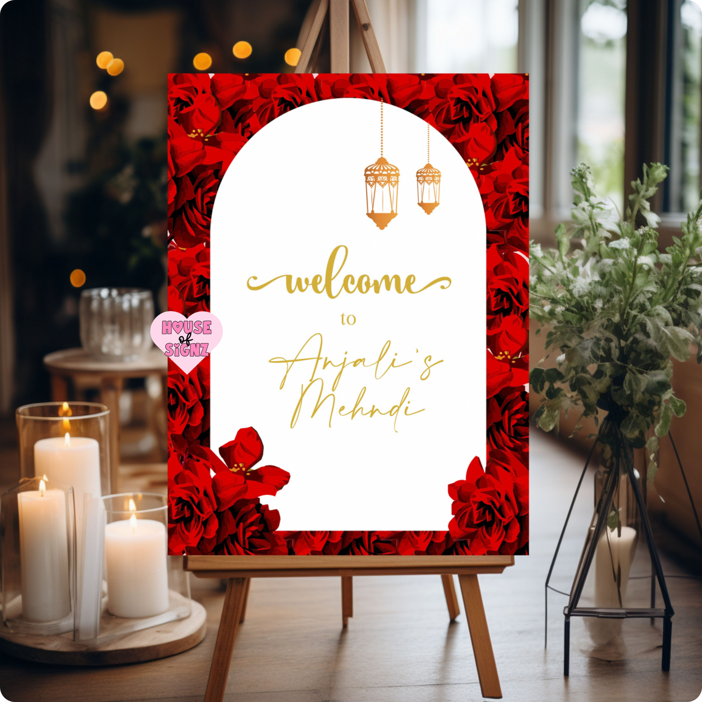 Mehndi red flowers welcome sign