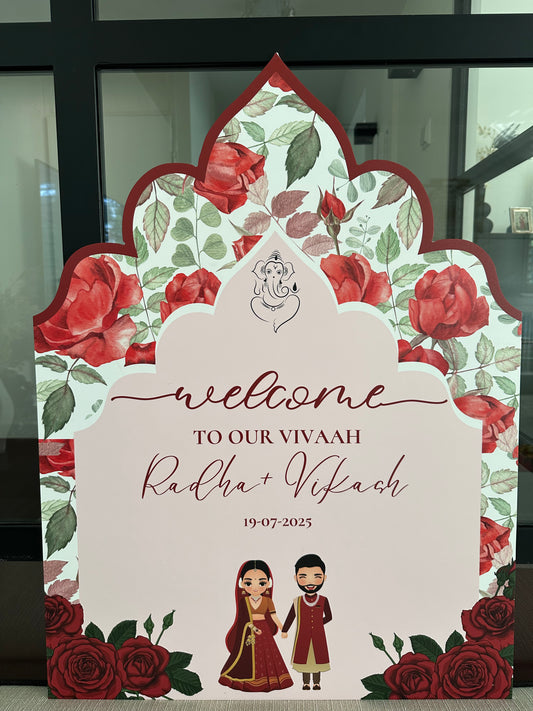 Red roses vivaah organic shaped welcome sign