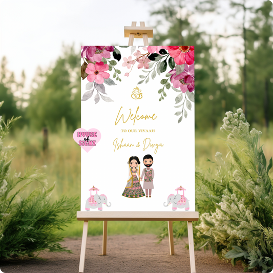 Wedding pink purple flowers welcome sign