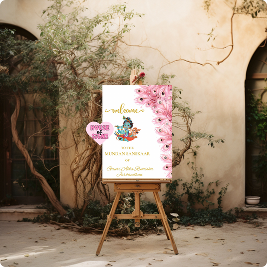 Mundan sanskaar light pink peacock feathers welcome sign