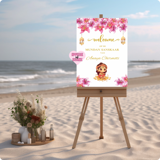 Mundan sanskaar pink flowers welcome sign