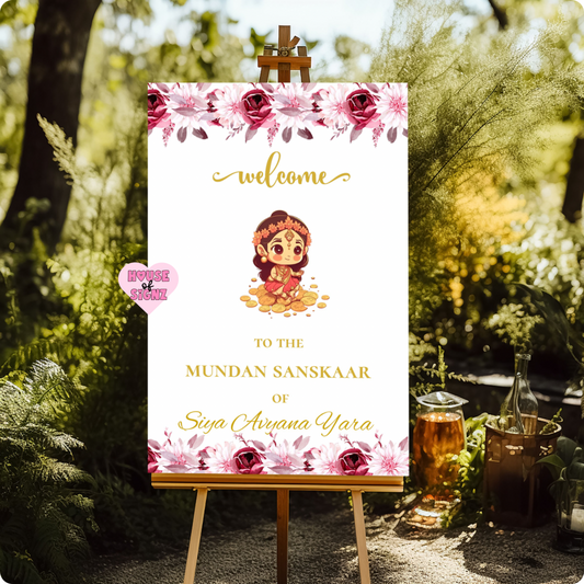 Mundan sanskaar purple welcome sign