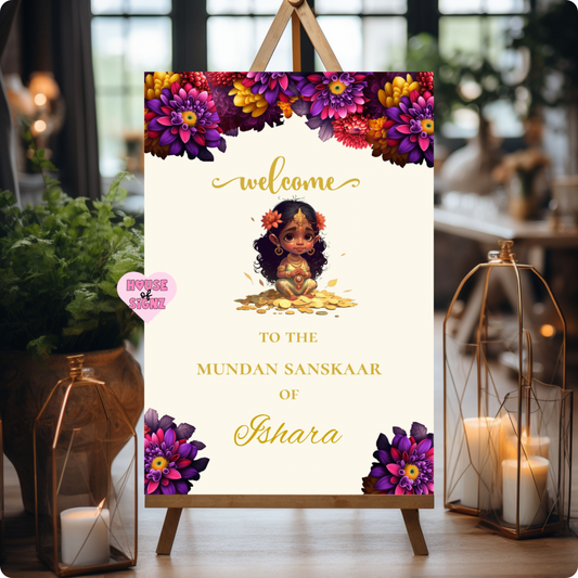 Mundan sanskaar purple welcome sign