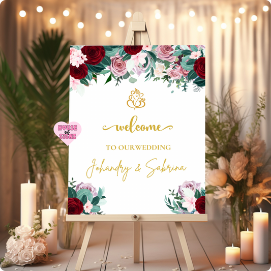 Wedding red pink white roses welcome sign